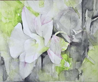 Aquarellbild abstrakter  Orchideen in Rosa- und Blautönen